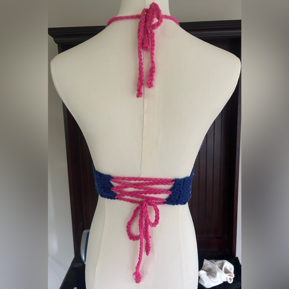 Y2K Crochet Hand Knit Halter Bralette Going Out Micro Top Club Cyber Rave Size S - Picture 5 of 6